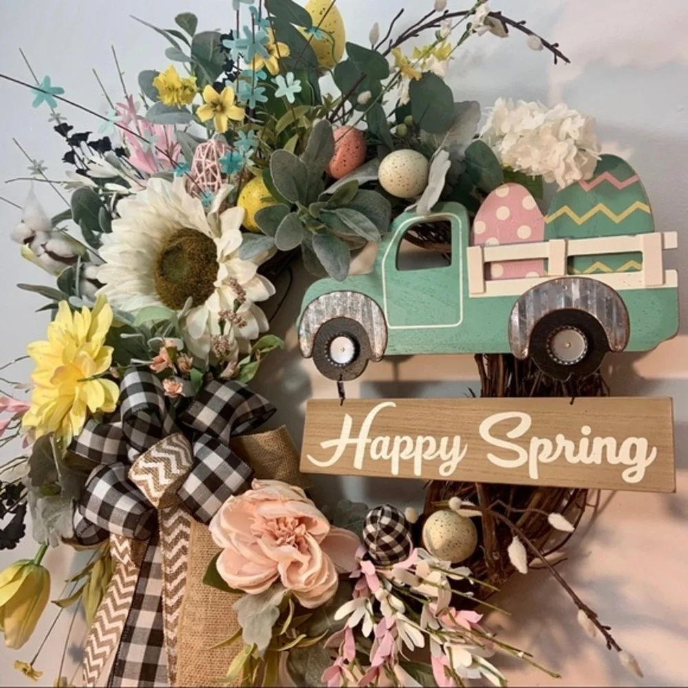 New Designer Floral Spring Easter Truck Farmhouse Plaid Burlap Wreath